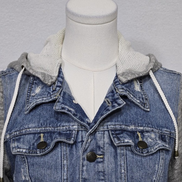 Free People Jacket Womens Small Blue Gray Denim Fleece Hoodie Distressed‎ Casual - Picture 3 of 16